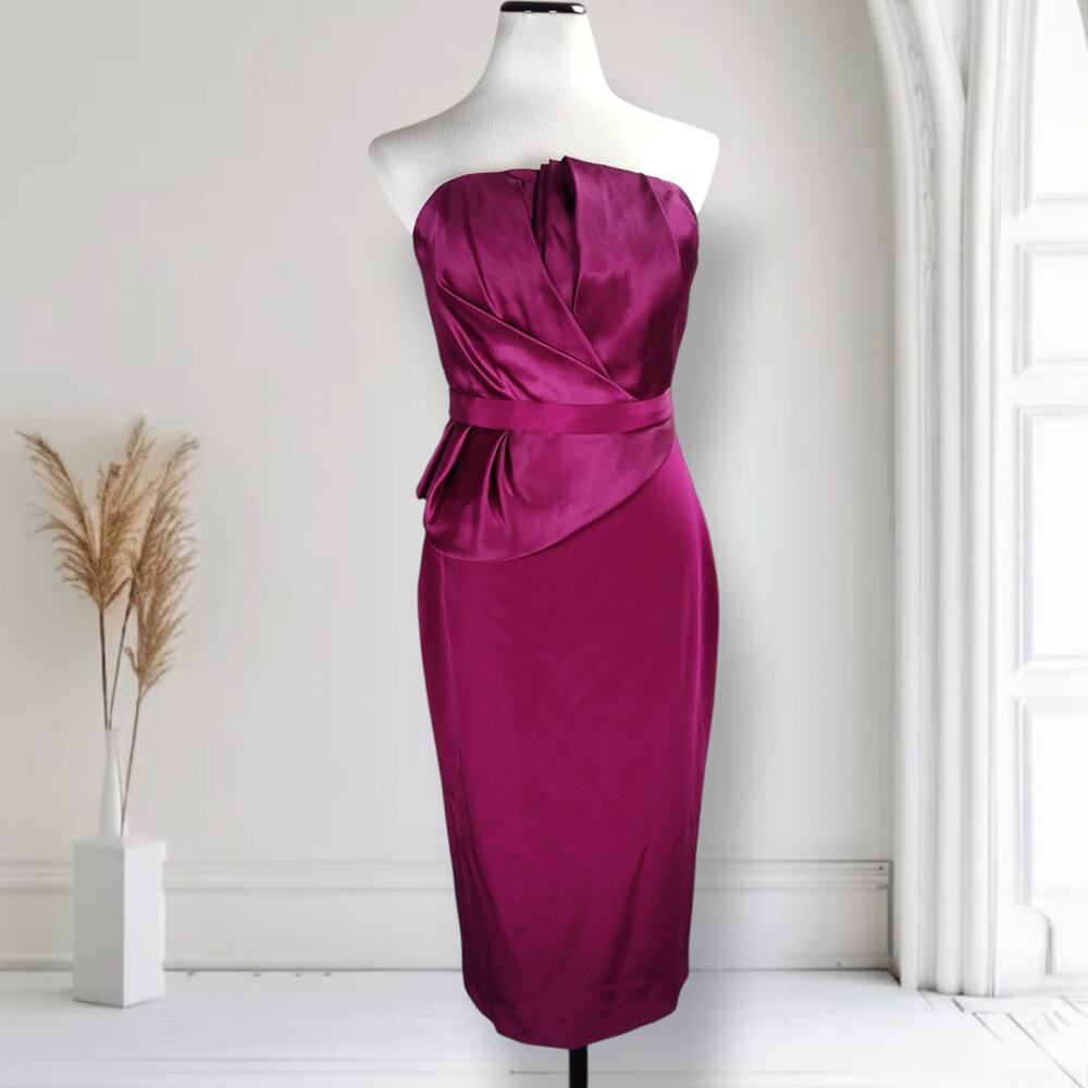 Marchesa Notte Silk Strapless Cocktail Dress 4 Fuchsia Formal Midi